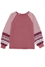 Hazel Blues® |  Black Contrast Print Striped Raglan Long Sleeve Loose Top