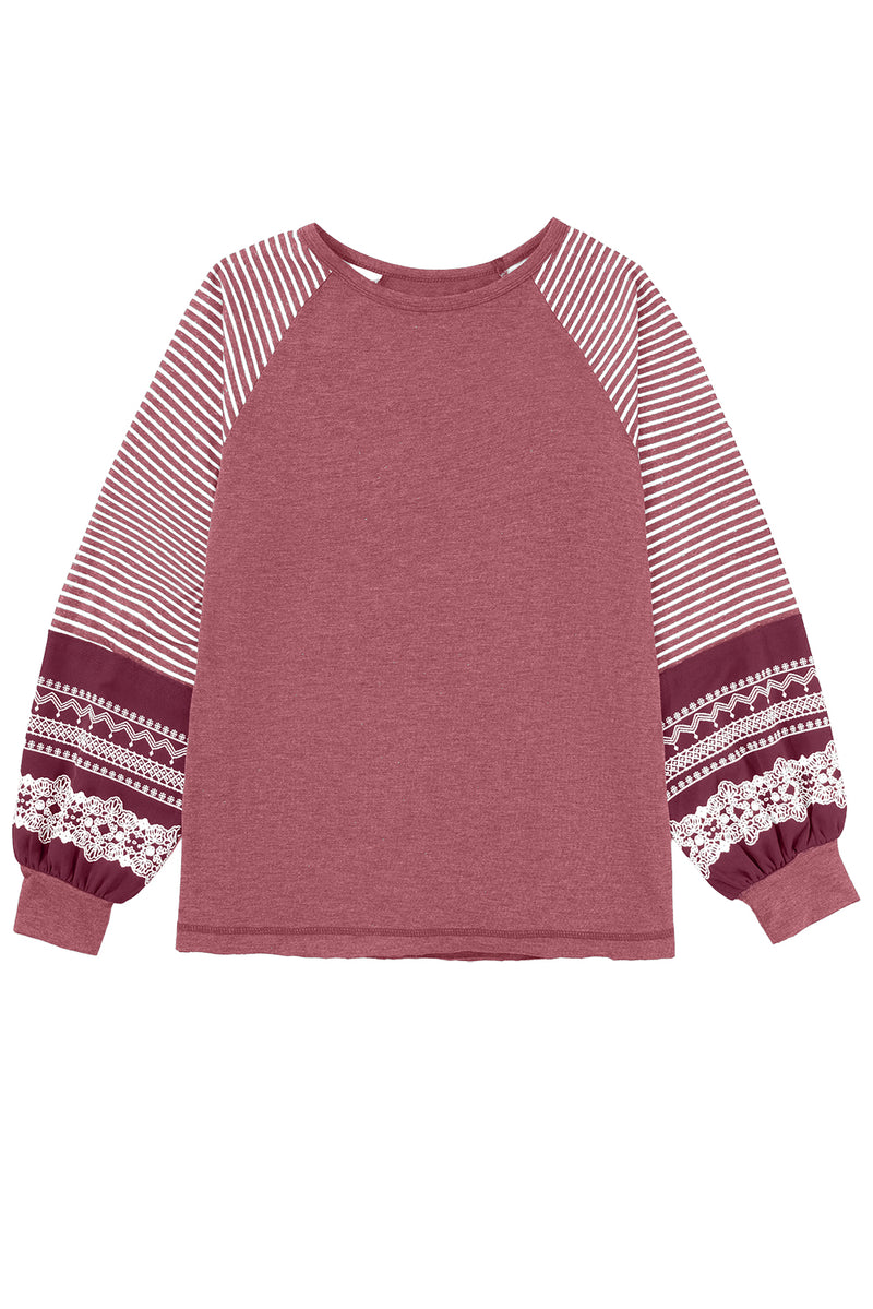 Hazel Blues® |  Black Contrast Print Striped Raglan Long Sleeve Loose Top