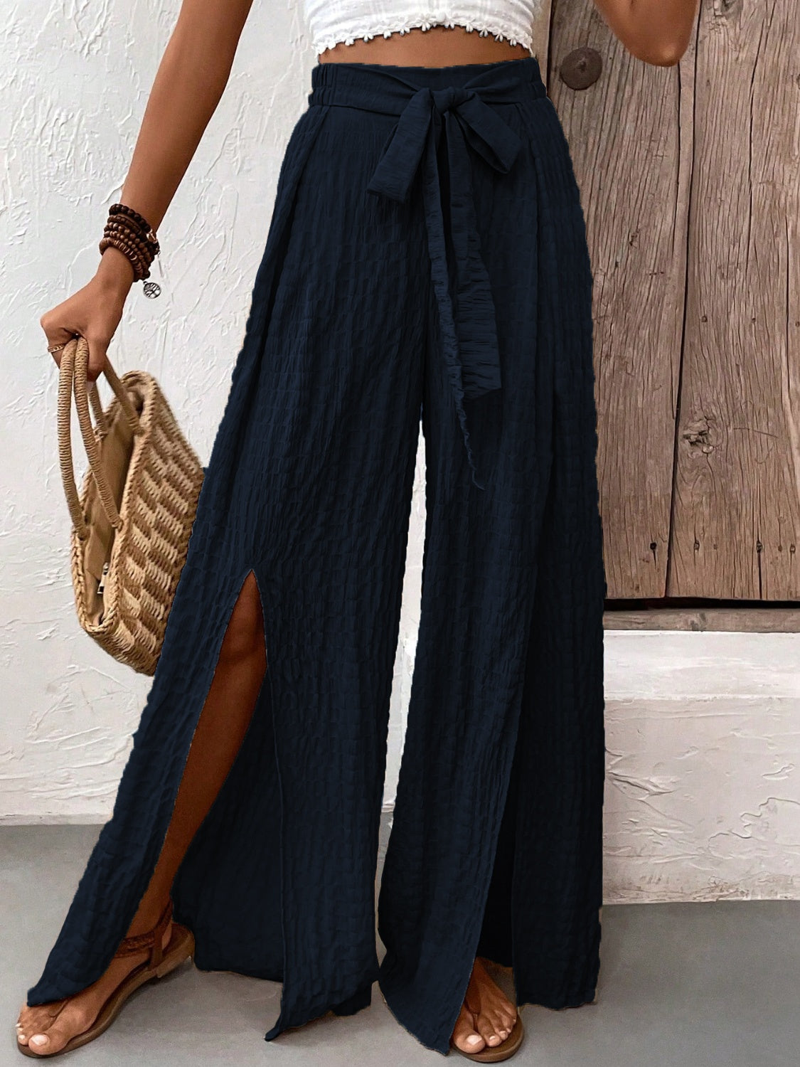 Hazel Blues® |  Tied Slit Wide Leg Pants