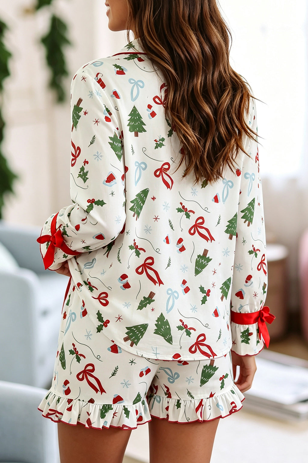 Adeline Claire White Christmas Print Ruffle Cuff Long-Sleeve Lounge Set
