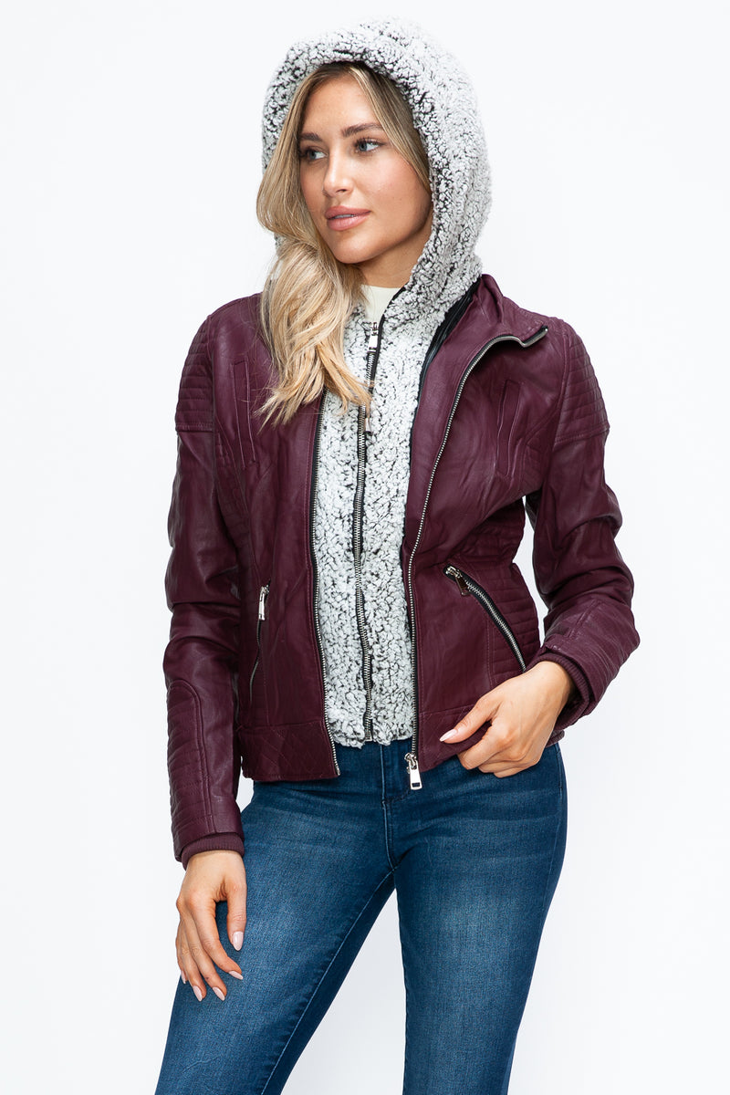 Hazel Blues® |  YMI Faux Layered Double-Zipper Jacket with Fuzzy Hood