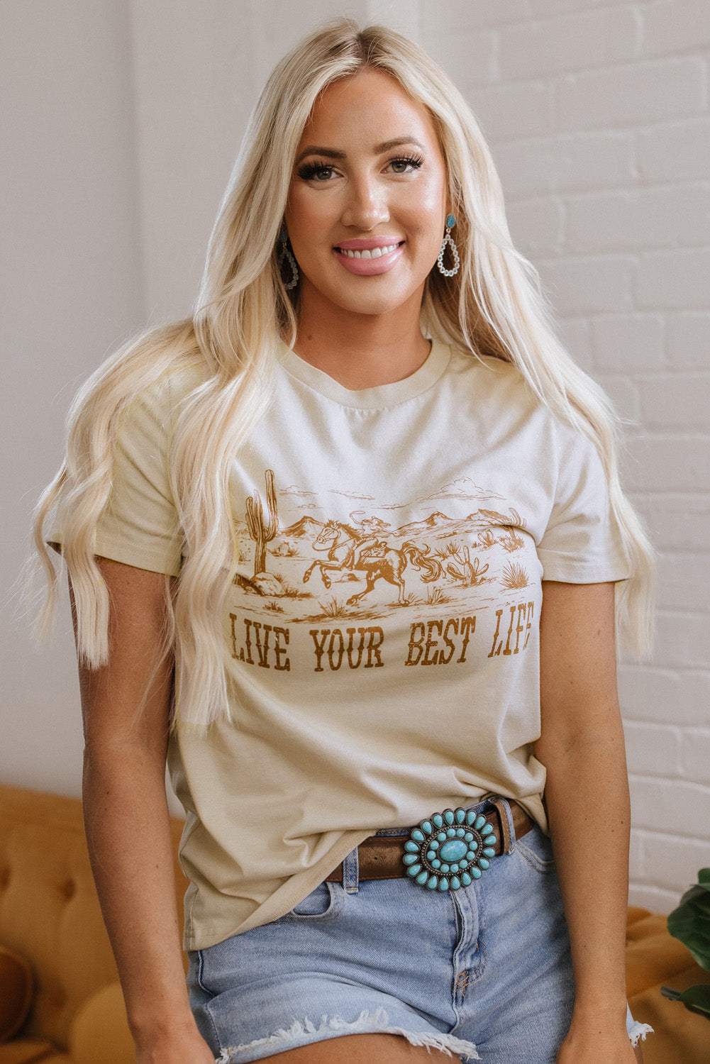 Hazel Blues® |  Beige LIVE YOUR BEST LIFE Crew Neck Western Graphic Tee