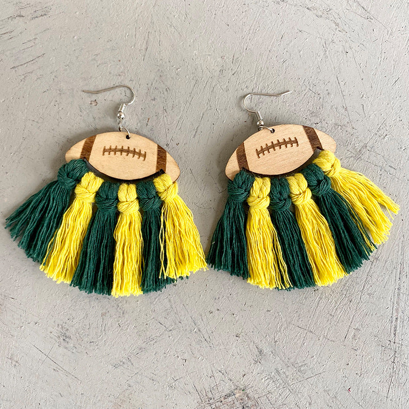 Hazel Blues® |  Fringe Detail Football Shape Wooden Dangle Earrings