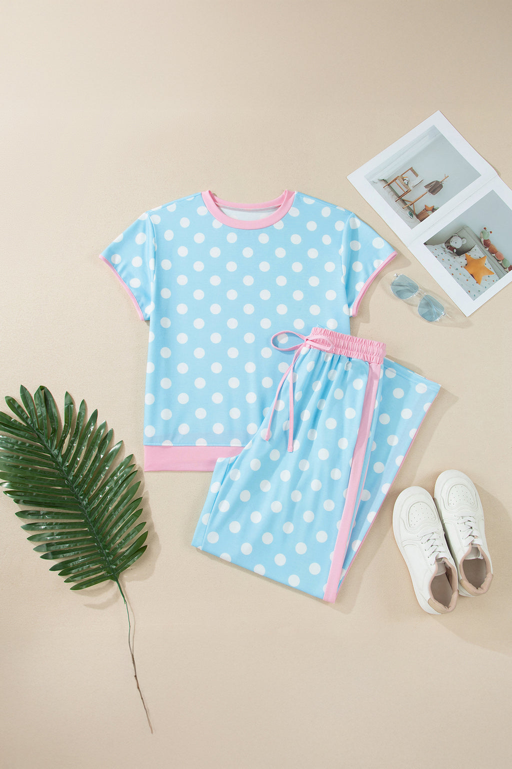 Avery Lou Sky Blue Polka Dot Short-Sleeve Top and Pants Set