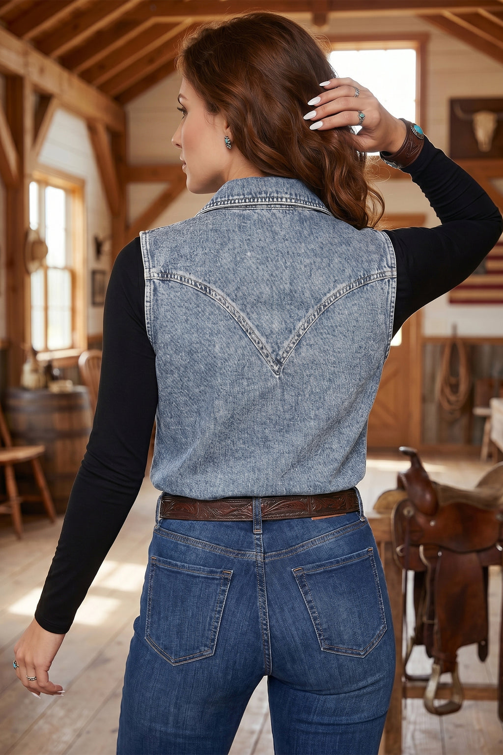 Solid Denim Button Front Pocket Sleeveless Cowboy Vest | Denim Sleeveless Button Vest