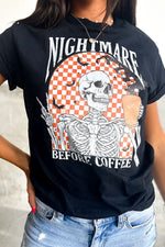 Hazel Blues® |  Black Nightmare Before Coffee Skull Checkerboard Graphic Halloween Tee