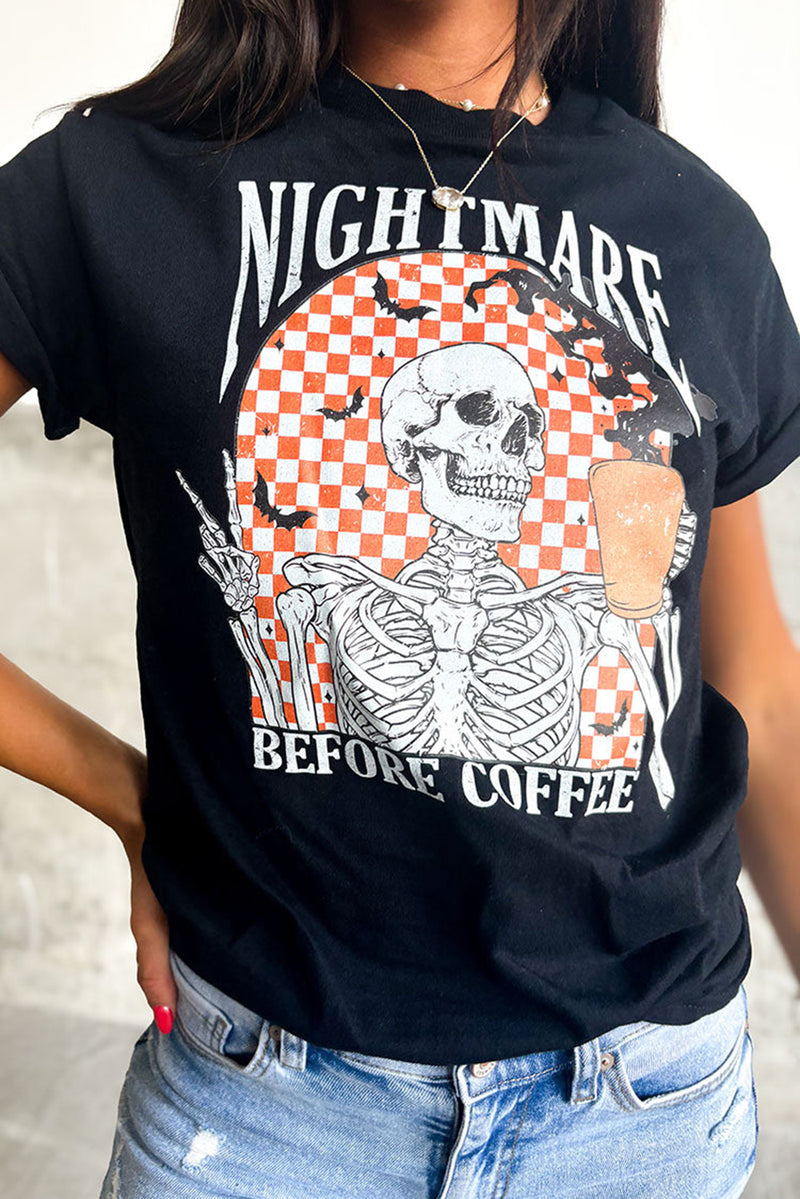 Hazel Blues® |  Black Nightmare Before Coffee Skull Checkerboard Graphic Halloween Tee