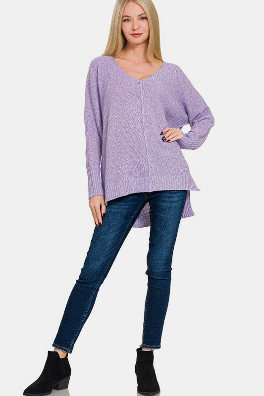 Hazel Blues® |  Zenana High-Low Center Seam V-Neck Sweater