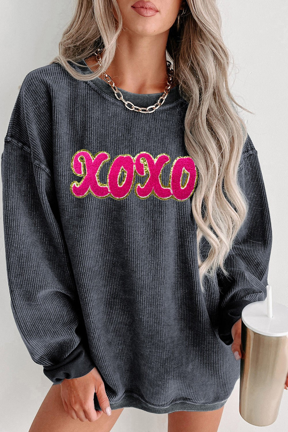 Hazel Blues® |  XOXO Sequin Round Neck Dropped Shoulder Sweatshirt