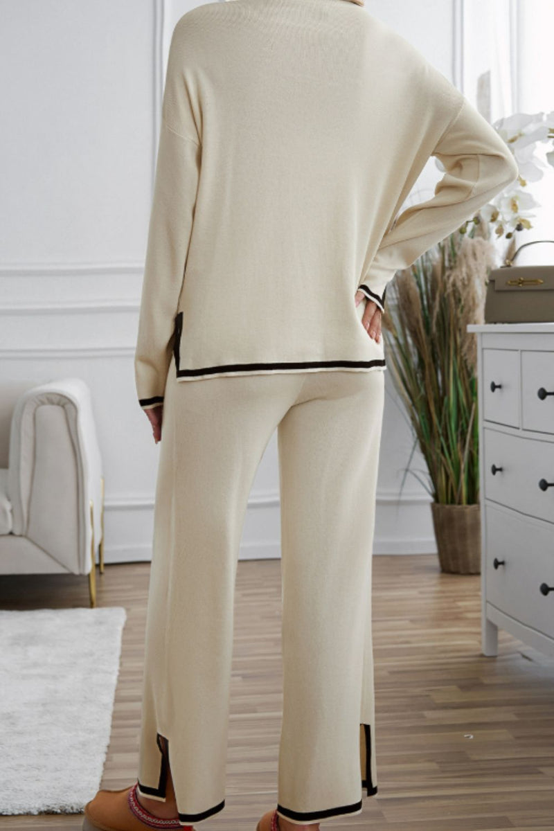 Hazel Blues® |  Contrast Trim Round Neck Top and Pants Sweater Set