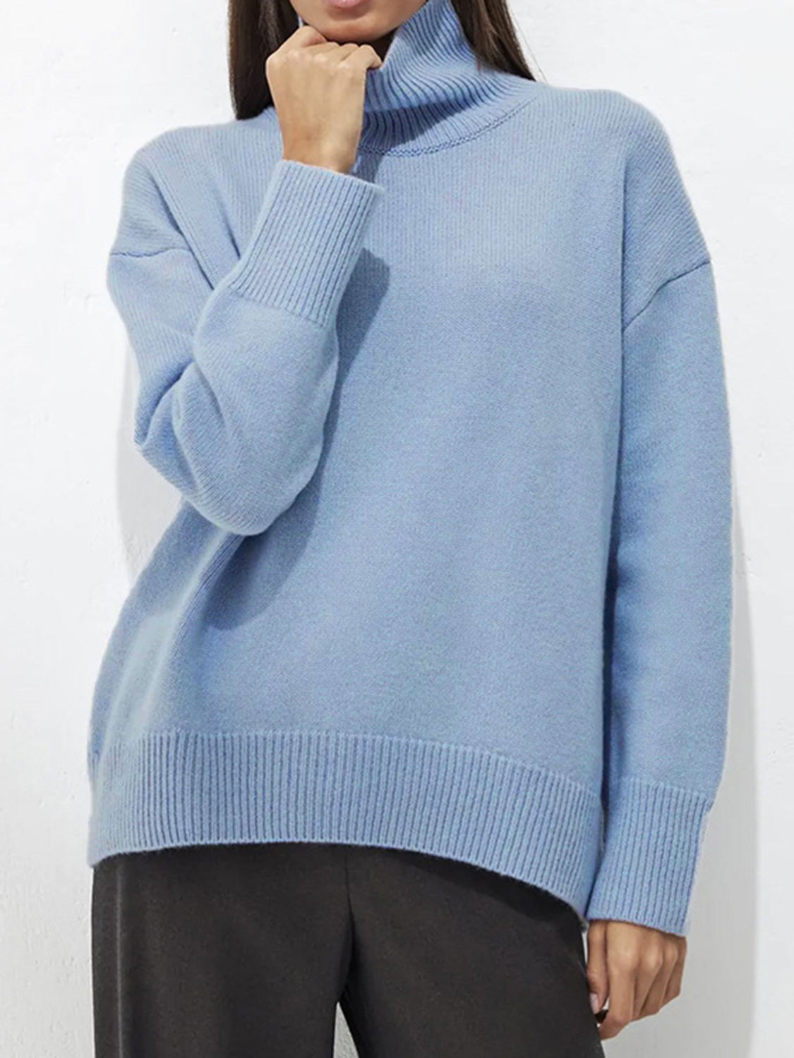 Hazel Blues® |  Ribbed Detail Turtleneck Dropped Shoulder Sweater