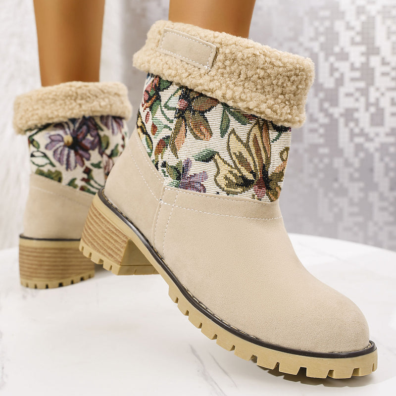 Hazel Blues® |  Embroidered Faux Fur Block Heel Boots