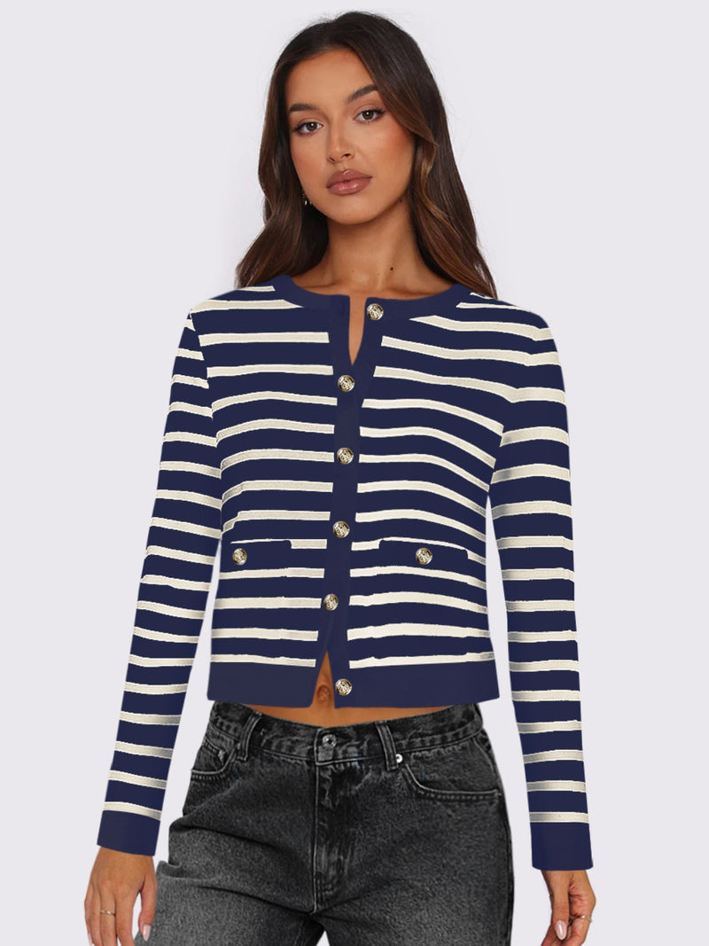 Hazel Blues® |  Striped Round Neck Button Up Long Sleeve Cardigan