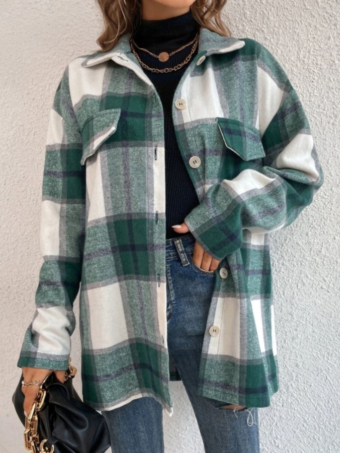 Hazel Blues® |  Plaid Collared Neck Dropped Shoulder Shacket