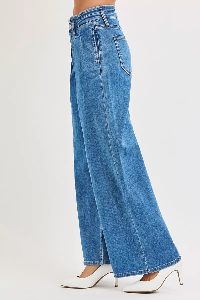 Hazel Blues® | RISEN Mid Rise Fit Wide Leg with Pleated Detail Jeans