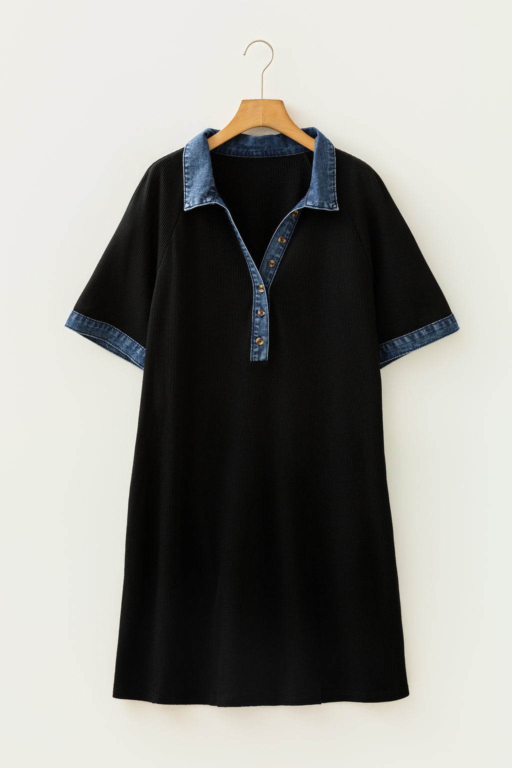 Black Color-Block Denim Collar Short-Sleeve Shift Dress