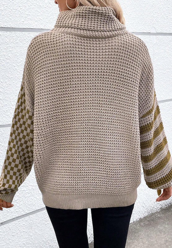 Hazel Blues® |  Striped & Checkered Turtleneck Dropped Shoulder Sweater