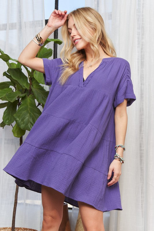 Purple ADORA Tiered Notched Short-Sleeve Dress
