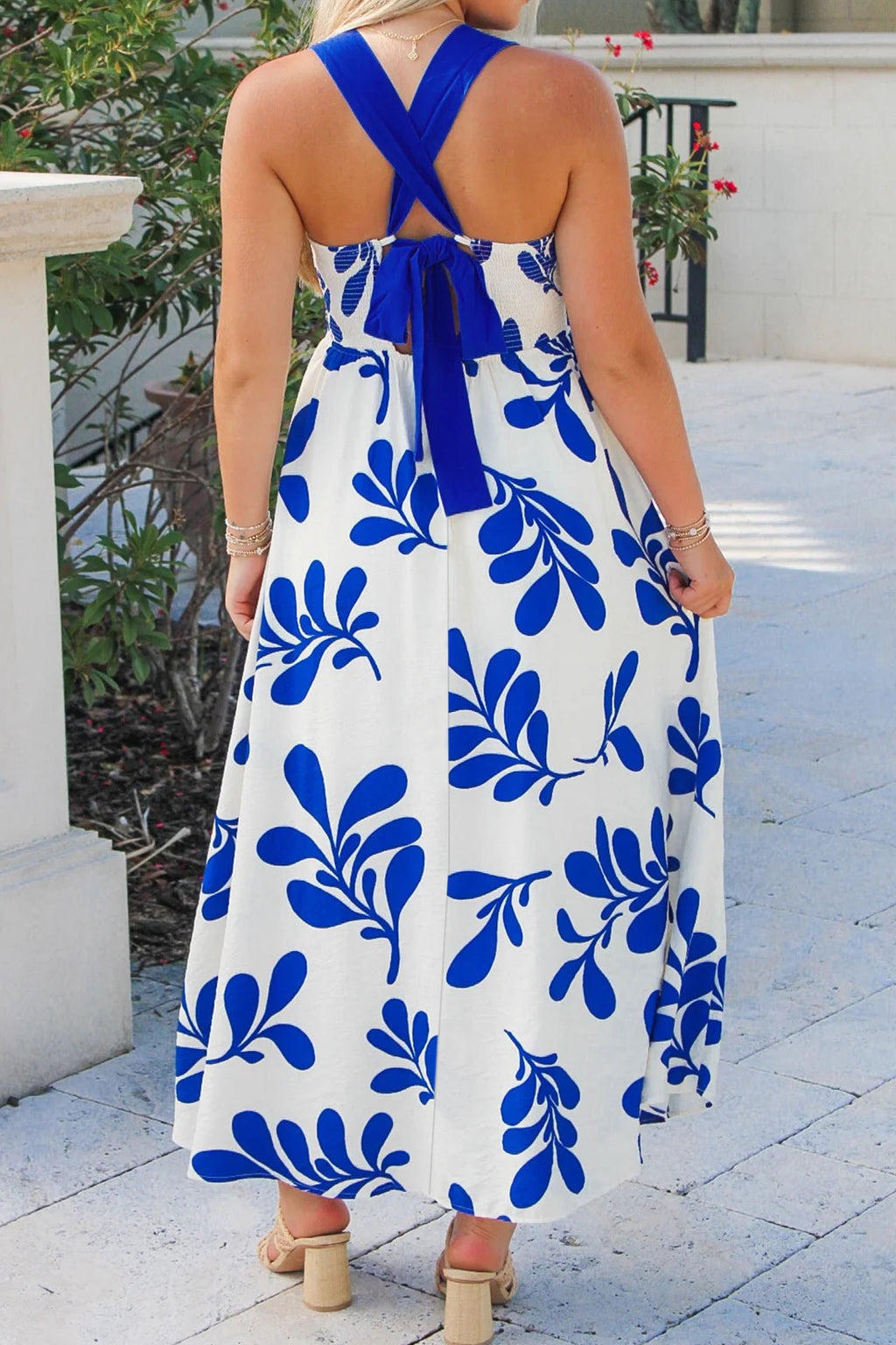 Hazel Blues® |  Blue Floral Print Crisscross Tie Back Sleeveless Long Dress