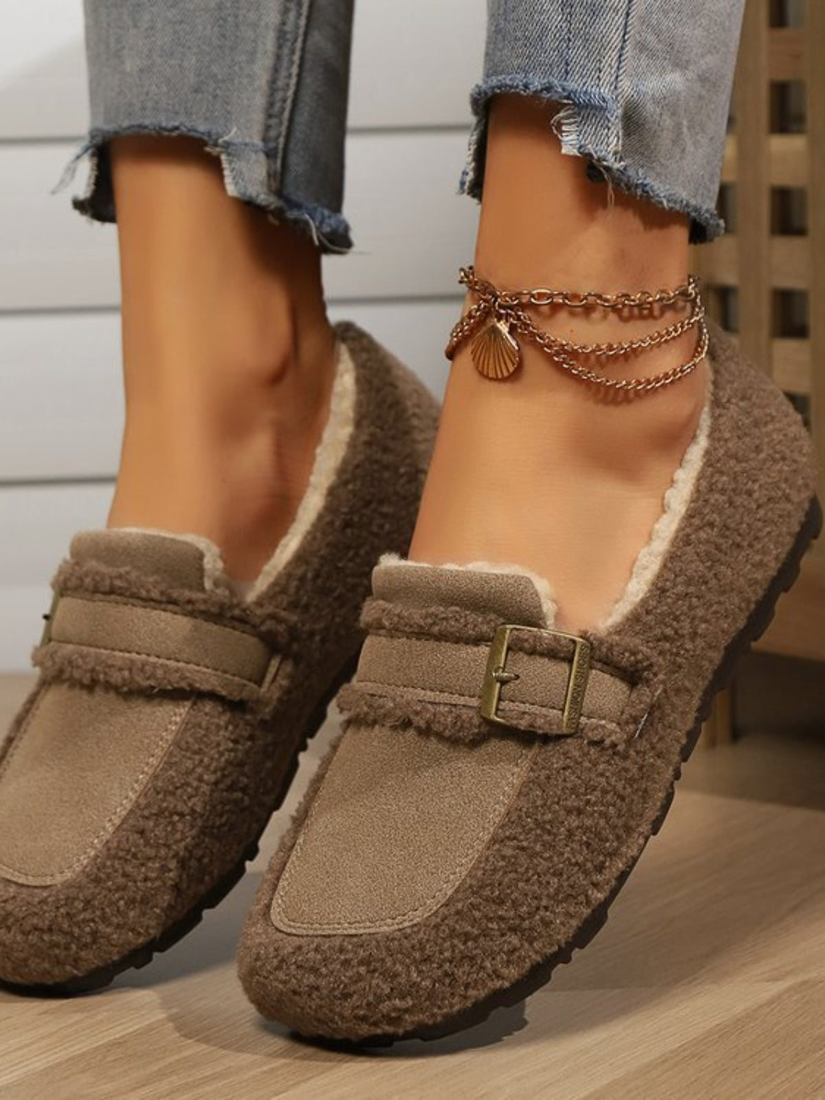 Hazel Blues® |  Fuzzy Buckle Flat Slip-Ons