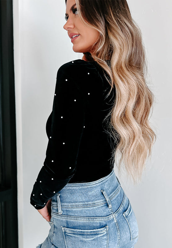 Hazel Blues® |  Pearl Detail Velvet V-Neck Long Sleeve Bodysuit