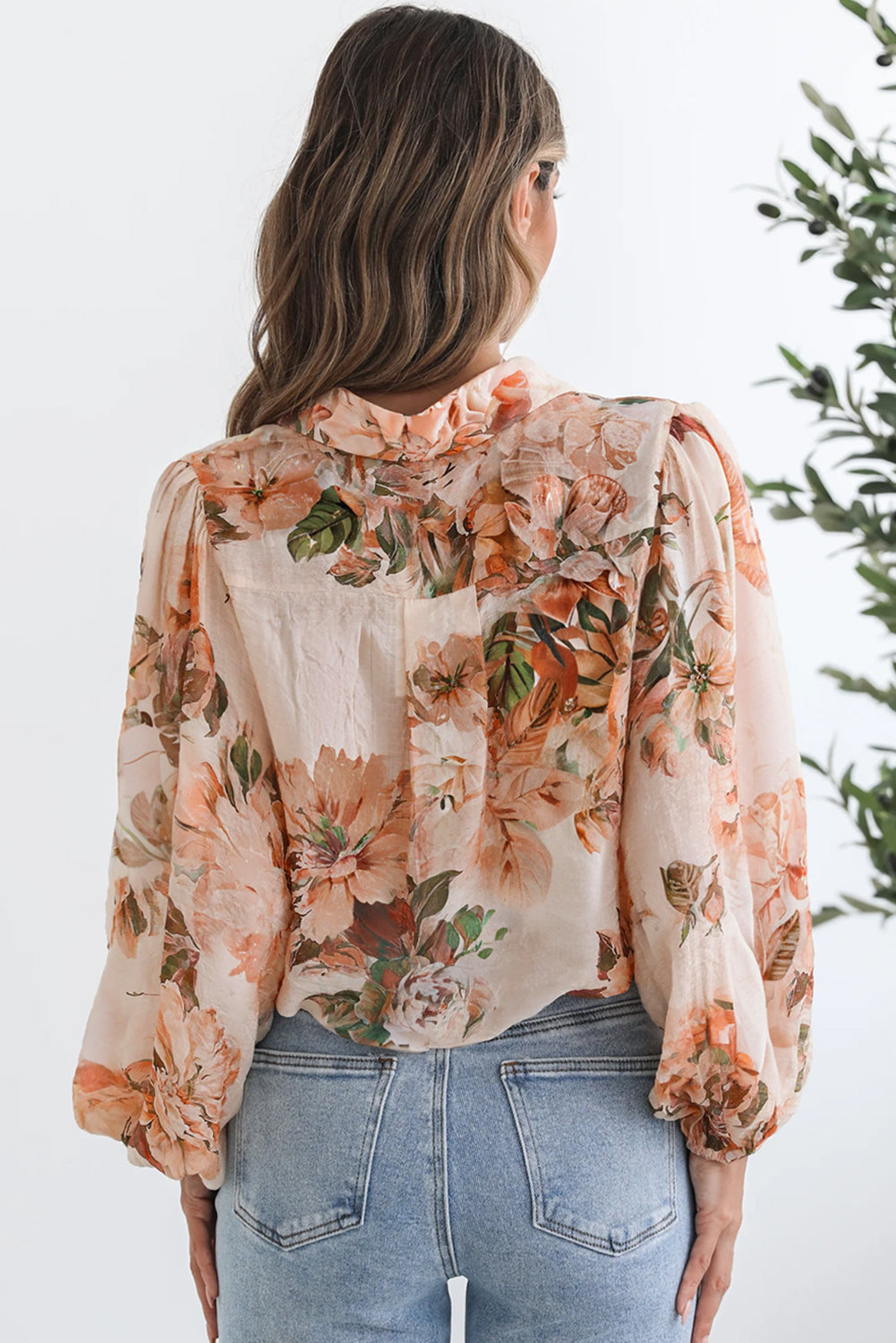 Hazel Blues® |  Orange Floral Puff Sleeve Lightweight Shirt
