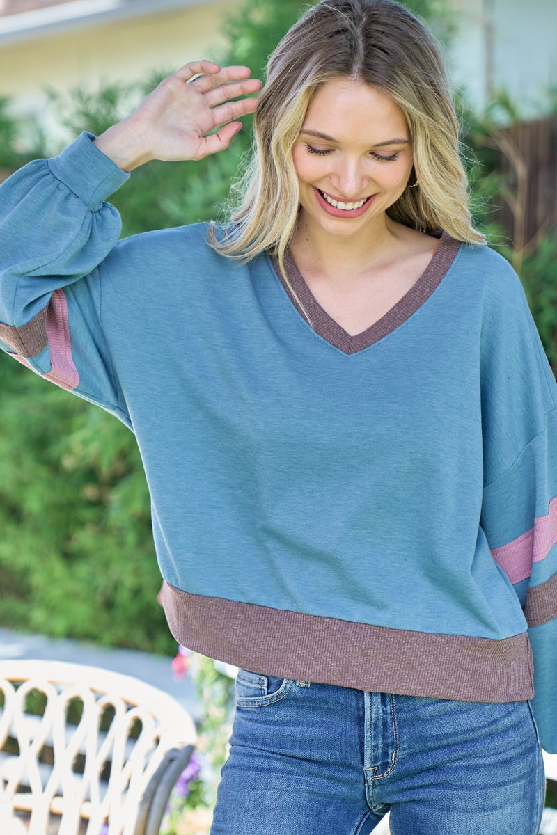 Hazel Blues® |  Hailey & Co Color Block V-Neck Cropped sweatshirt