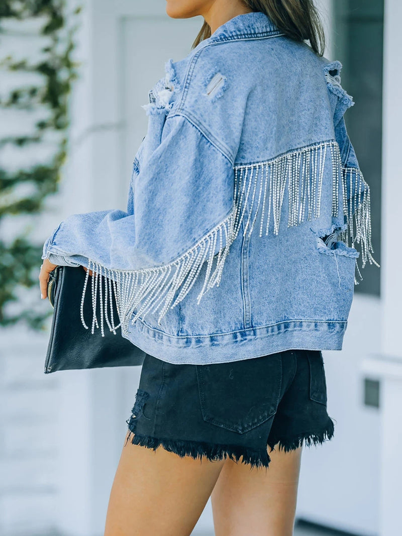 Hazel Blues® |  Distressed Fringe Denim Jacket