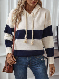 Hazel Blues® |  Drawstring Contrast Stripe Dropped Shoulder Hooded Sweater