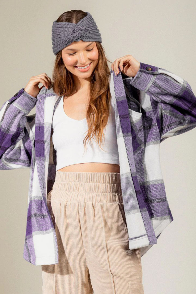 Hazel Blues® |  Drawstring Plaid Dropped Shoulder Hooded Shacket