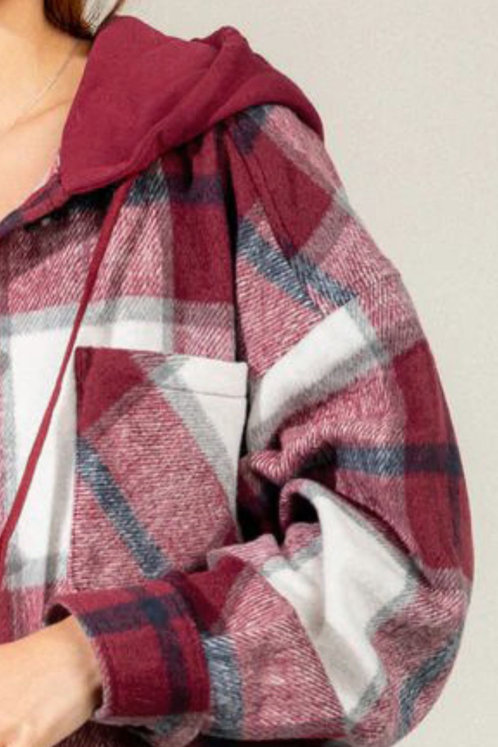 Hazel Blues® |  Drawstring Plaid Dropped Shoulder Hooded Shacket