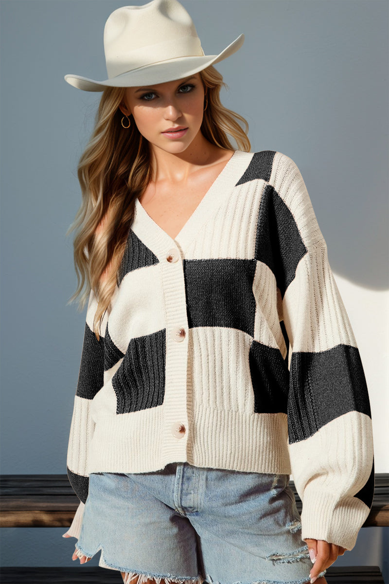 Hazel Blues® |  Double Take Checkered Dropped Shoulder Cardigan