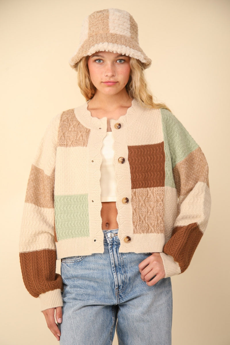 Hazel Blues® |  VERY J Color Block Button Down Textured Sweater Cardigan