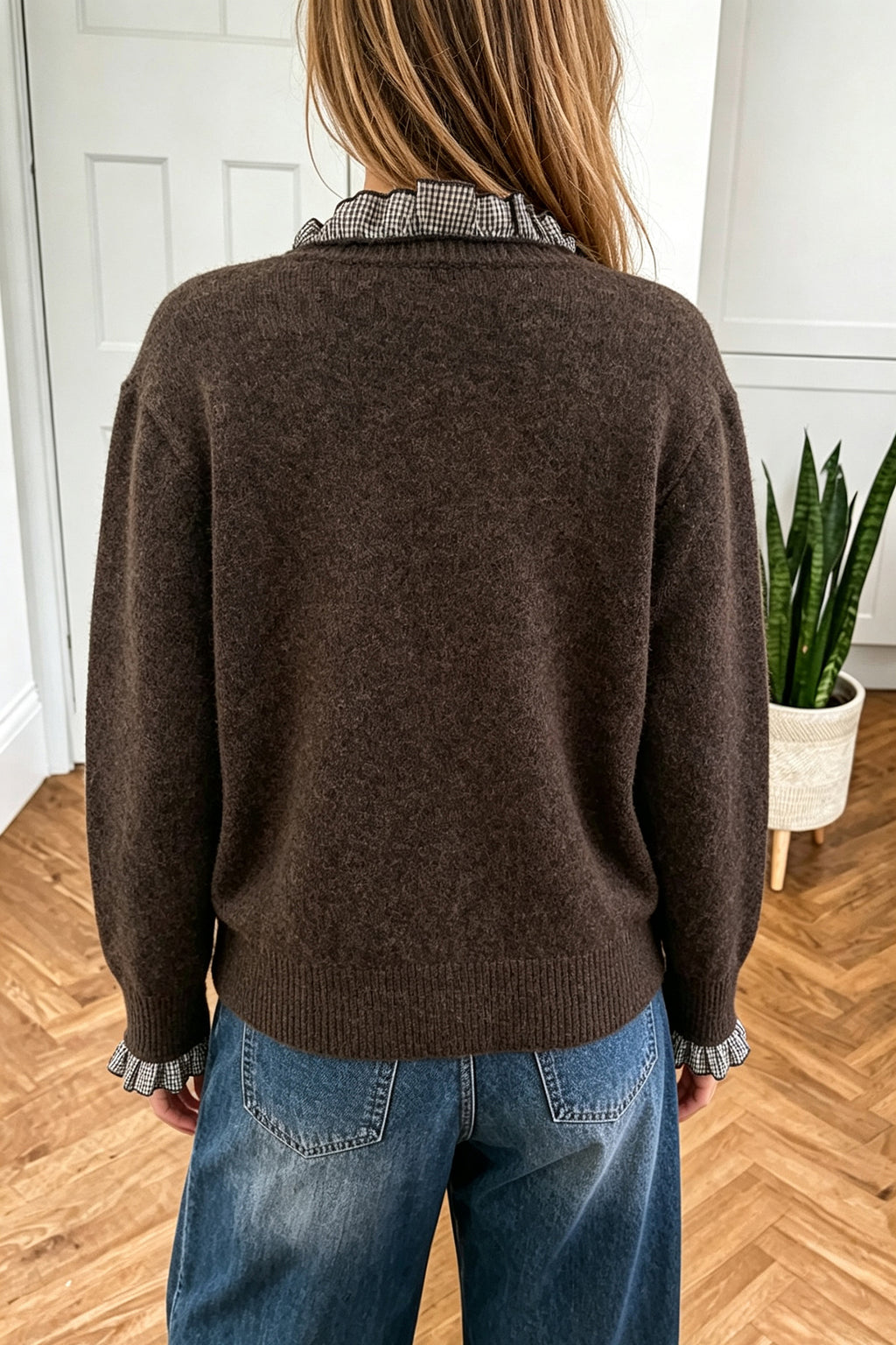 Gingham Grace Brown Ruffle Cardigan