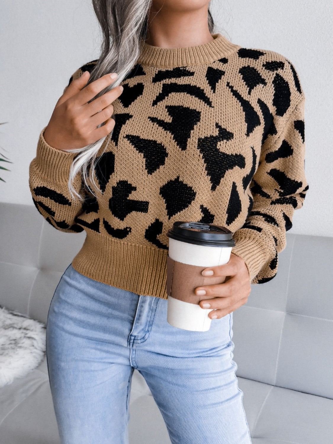 Hazel Blues® |  Leopard Round Neck Dropped Shoulder Sweater