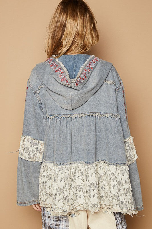 Hazel Blues® |  POL Embroidered Lace Patch Zip Up Hooded Jacket