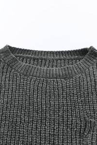 Hazel Blues® |  Distressed Round Neck Drop Shoulder Sweater