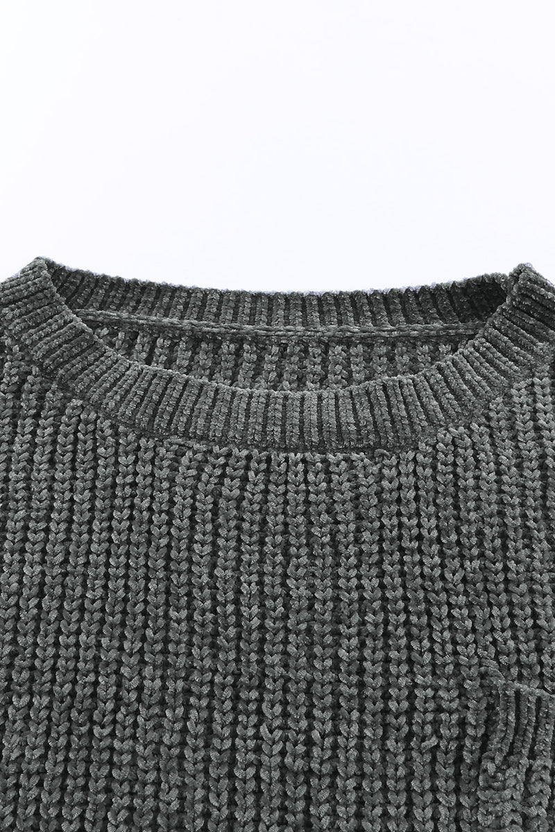 Hazel Blues® |  Distressed Round Neck Drop Shoulder Sweater