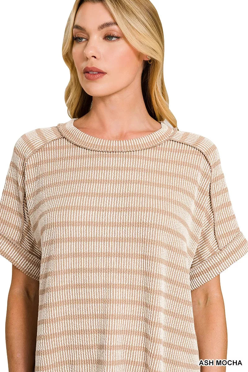 トップス haechanna Zenana Raised Rib Striped Exposed Seam Top – Hazel Blues®