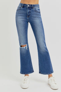 Hazel Blues® |  RISEN Distressed High Rise Crop Flare Jeans