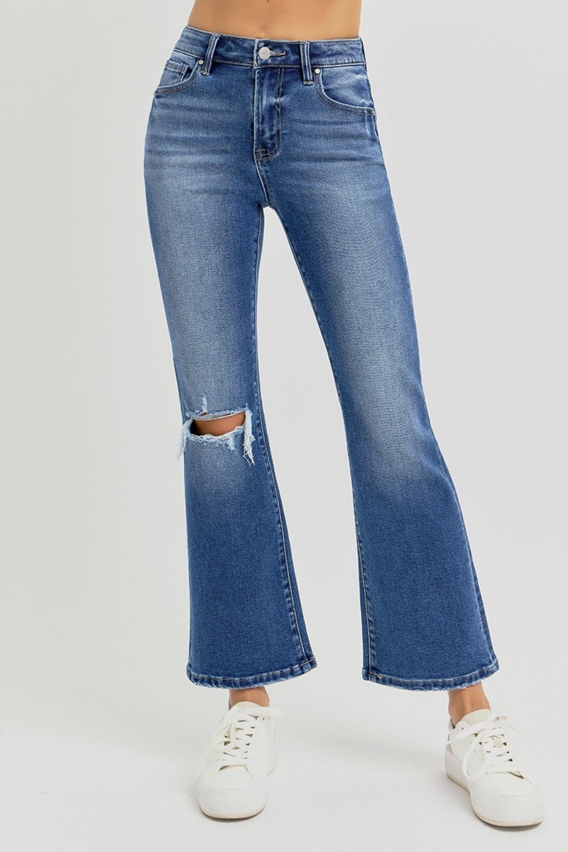 Hazel Blues® |  RISEN Distressed High Rise Crop Flare Jeans