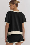 Hazel Blues® |  Black Sequin Football Bow Patched Colorblock Edge Tee and Skort Set
