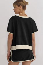 Hazel Blues® |  Black Sequin Football Bow Patched Colorblock Edge Tee and Skort Set