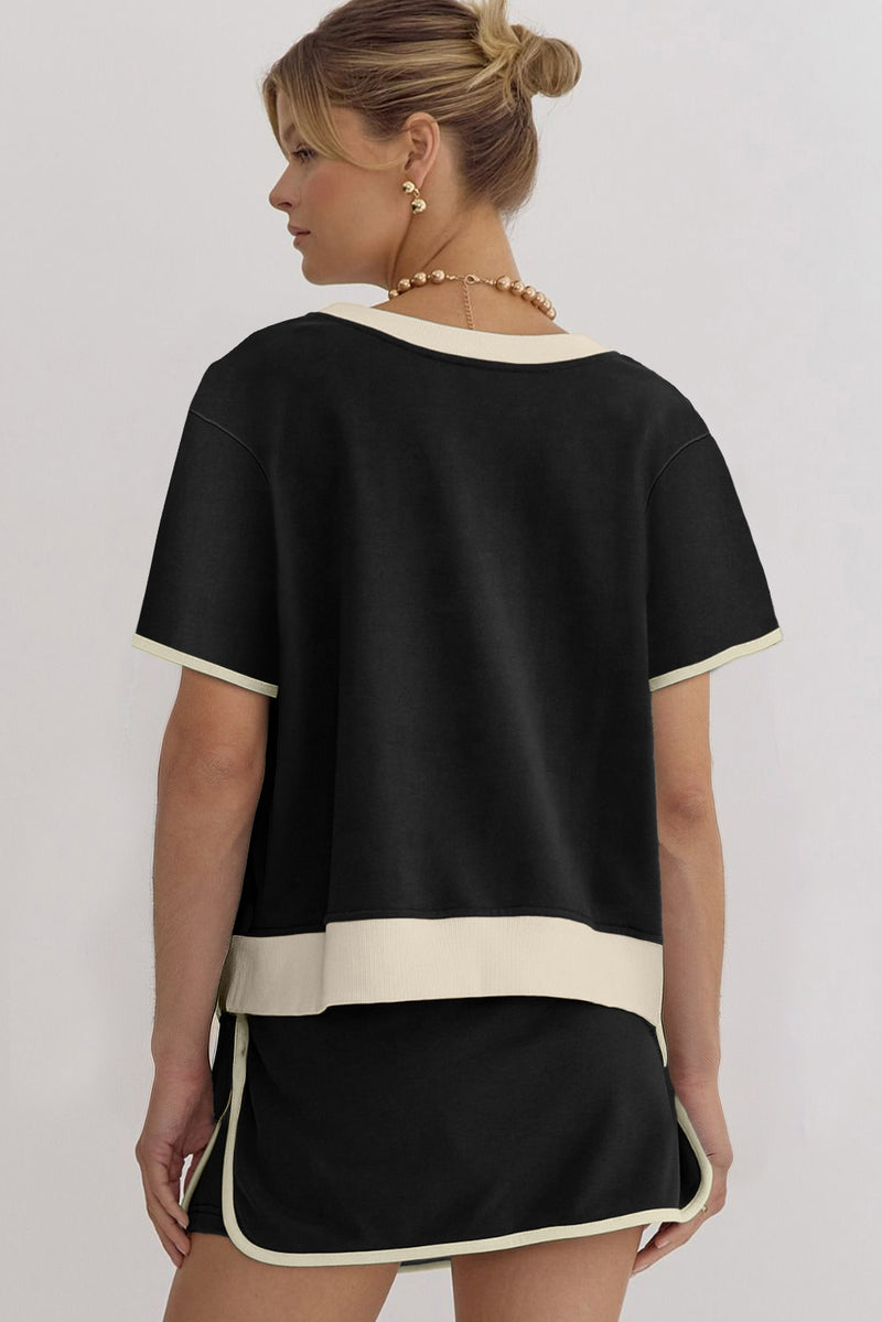 Hazel Blues® |  Black Sequin Football Bow Patched Colorblock Edge Tee and Skort Set