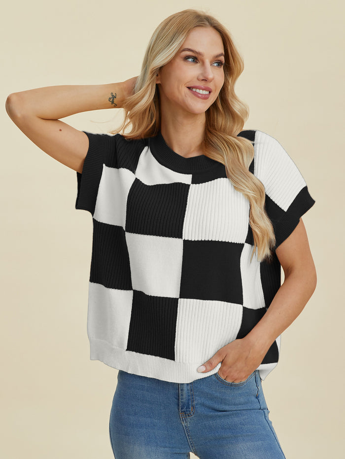 Hazel Blues® |  Double Take Checkered Round Neck Short Sleeve Sweater