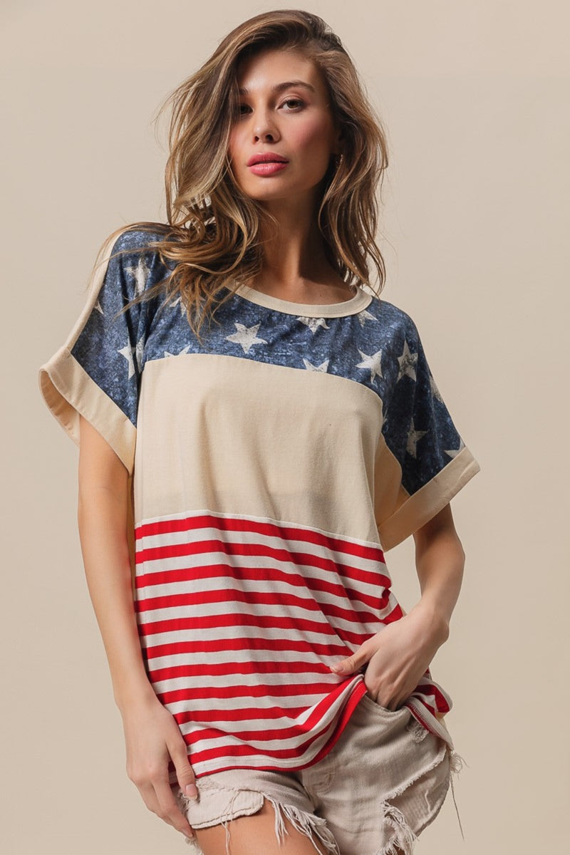 Hazel Blues® |  BiBi American Flag Theme Short Sleeve T-Shirt