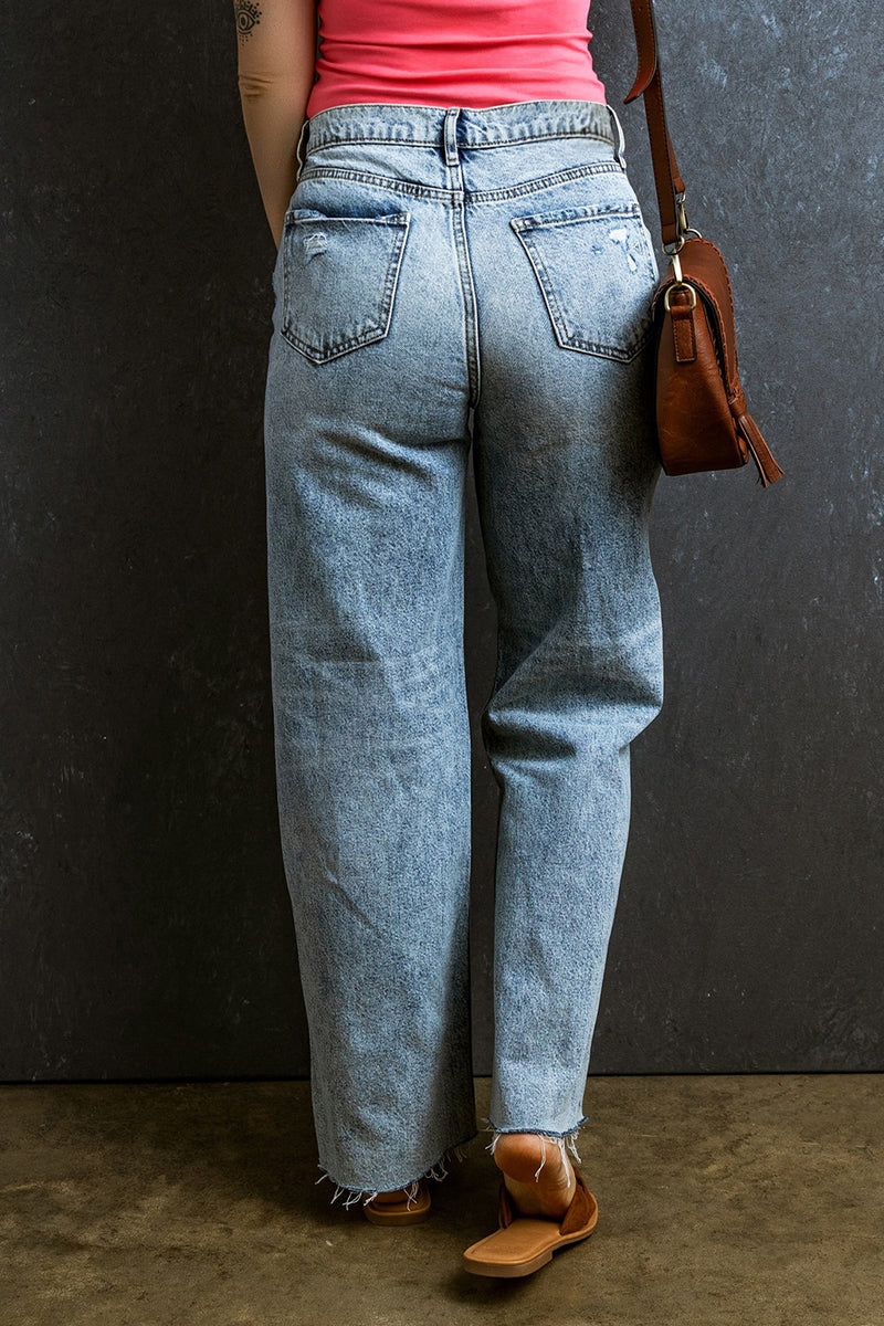 Hazel Blues® |  Distressed Raw Hem Straight Jeans