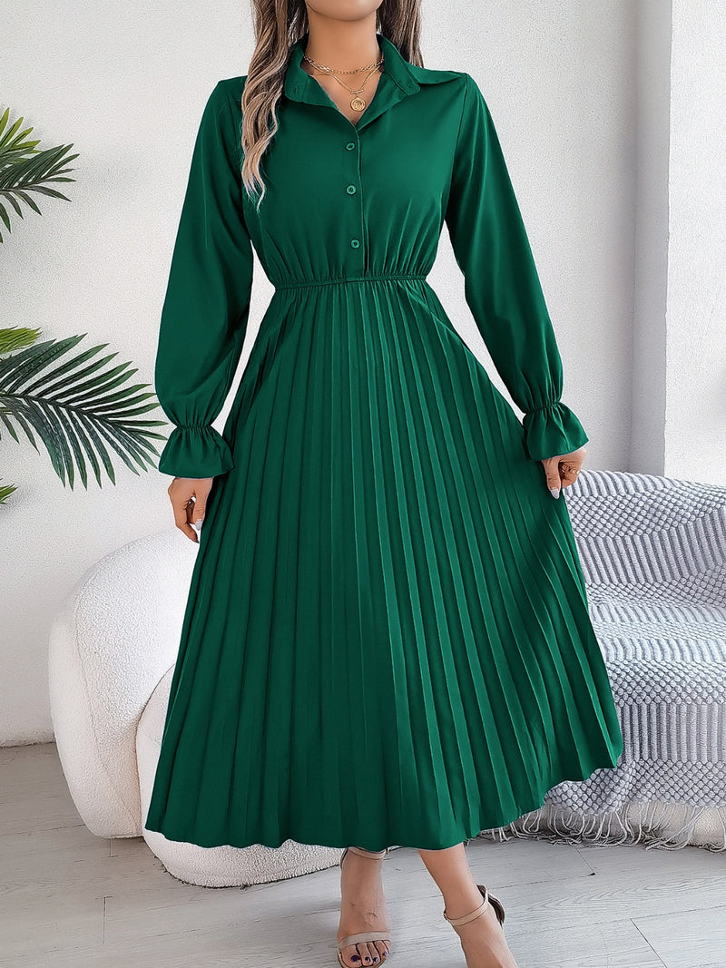 Hazel Blues® |  Pleated Half Button Long Sleeve Midi Dress