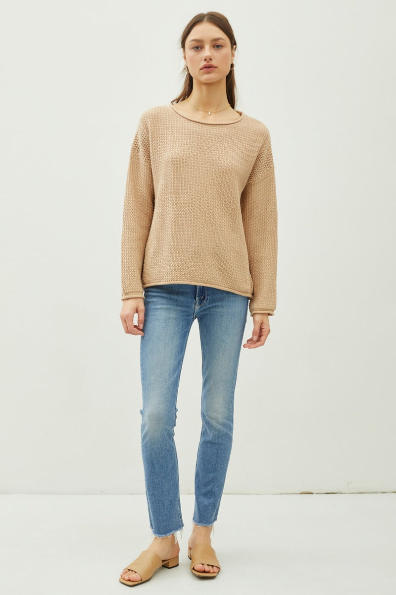 Be Cool Rolled Openwork Round Neck Sweater