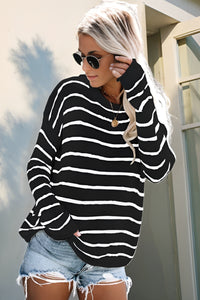 Hazel Blues® |  Striped Round Neck Drop Shoulder Sweater